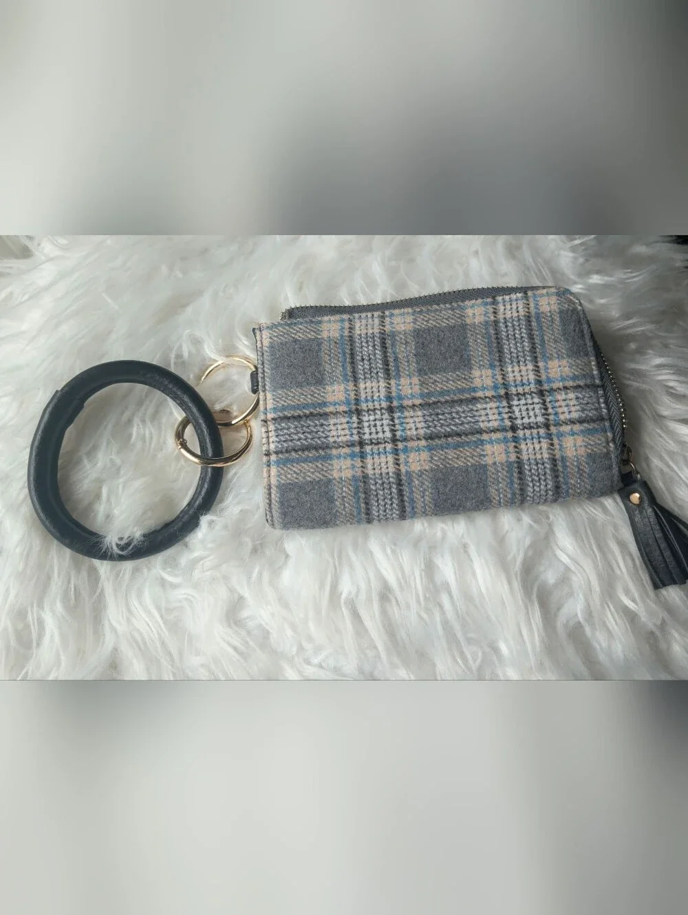 Nwot Plaid Gray Wristlet Keyring Wallet